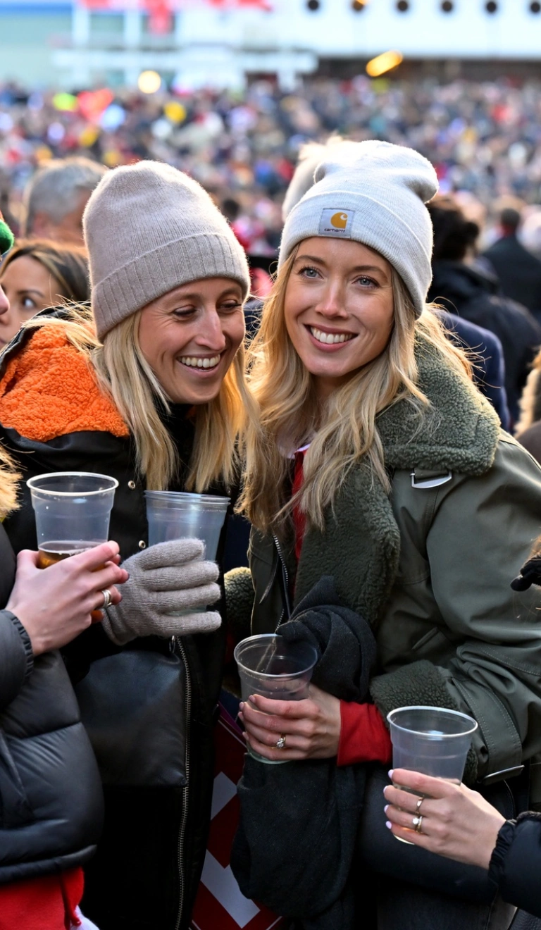 Group of ladies holding drinks and laughing, outside a sports stadium .
